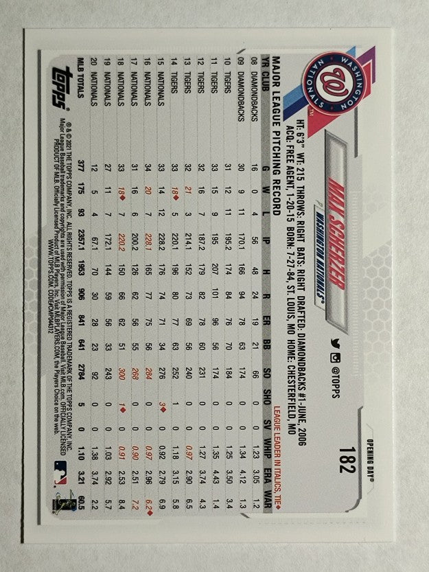 2021 Topps Opening Day #182 Max Scherzer