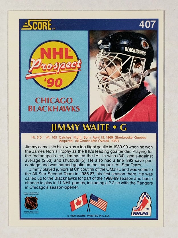 1990-91 Score #407A Jim Waite ERR RC/reads "catches: right" on back