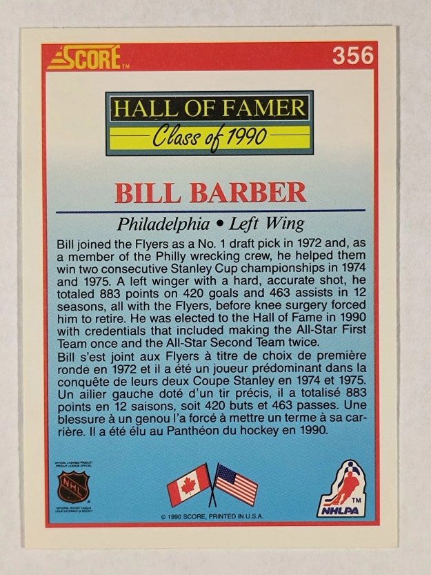 1990-91 Score Canadian #356 Bill Barber HOF