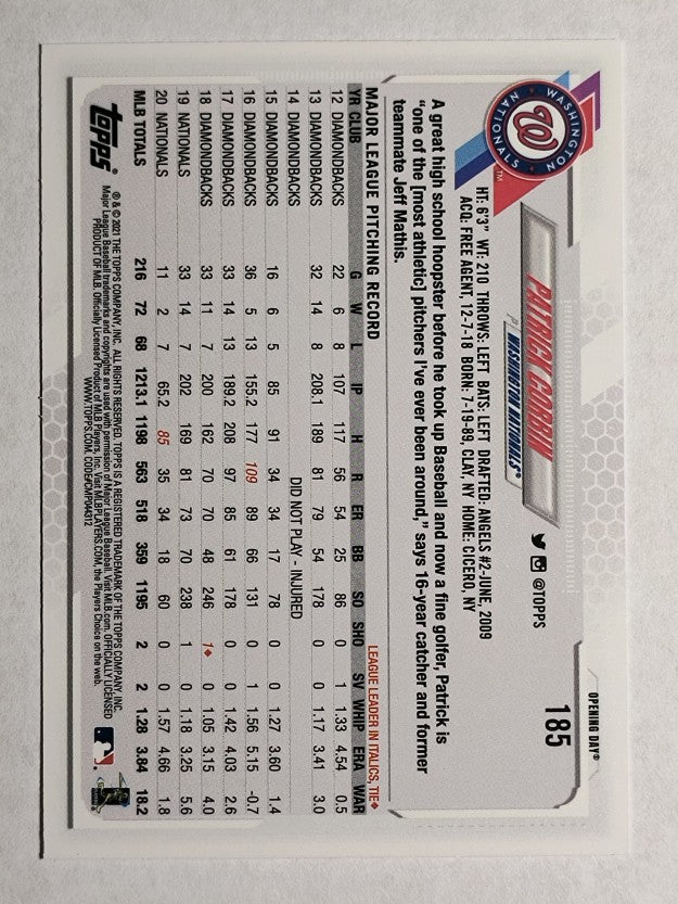 2021 Topps Opening Day #185 Patrick Corbin