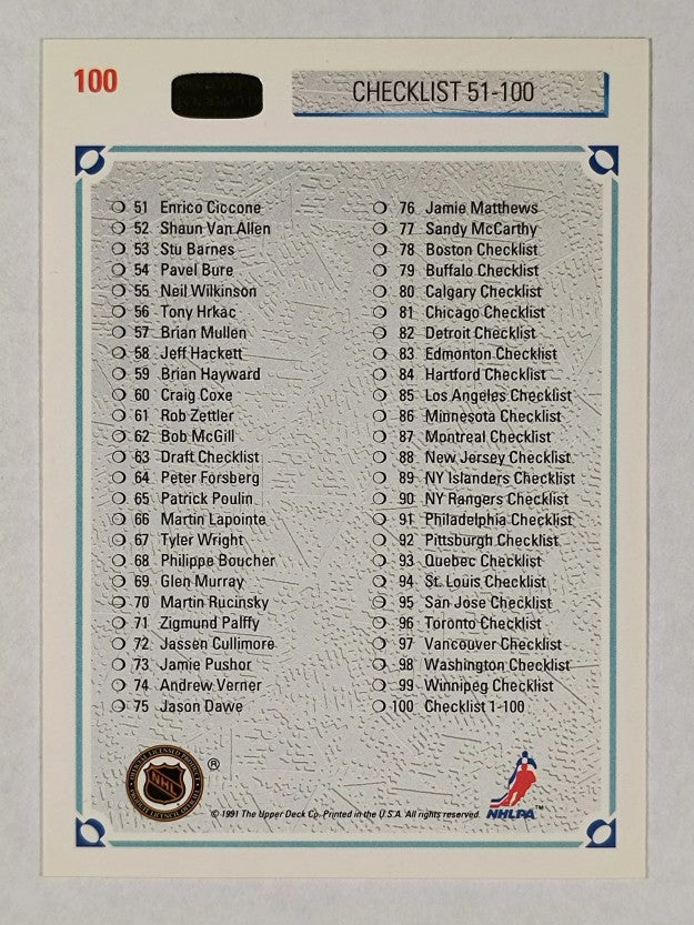 1991-92 Upper Deck #100 Checklist 1-100