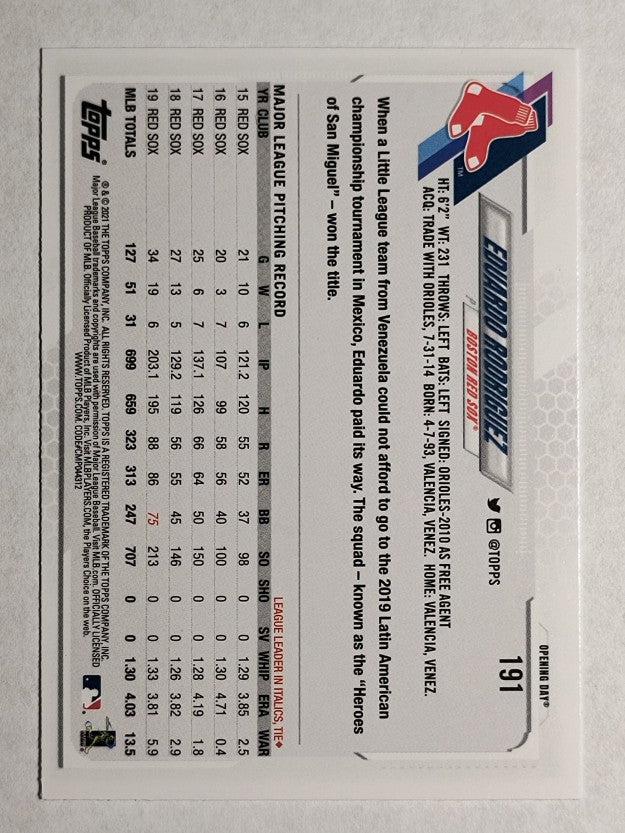 2021 Topps Opening Day #191 Eduardo Rodriguez