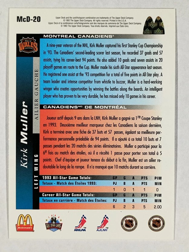 1993-94 McDonald's Upper Deck #20B Kirk Muller COR/Full stick blade showing
