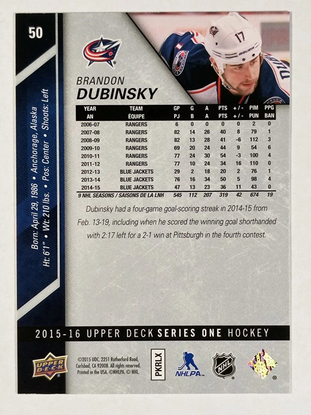 2015-16 Upper Deck #50 Brandon Dubinsky