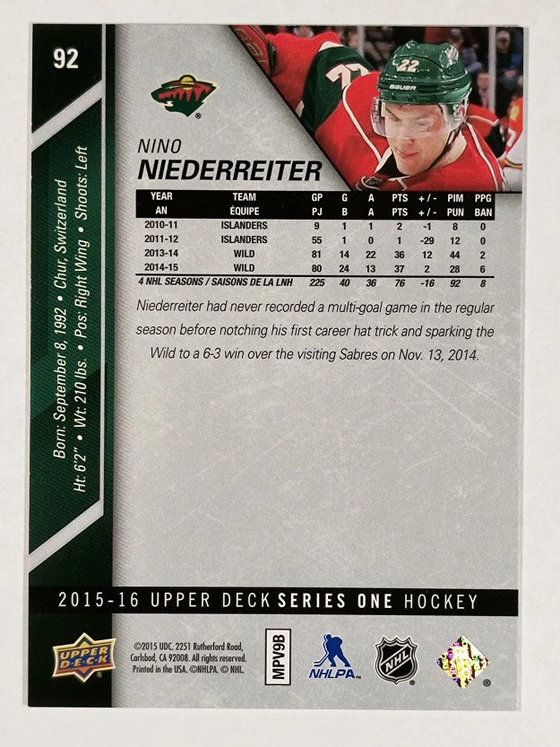 2015-16 Upper Deck #92 Nino Niederreiter