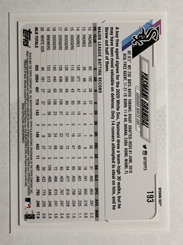 2021 Topps Opening Day #193 Yasmani Grandal