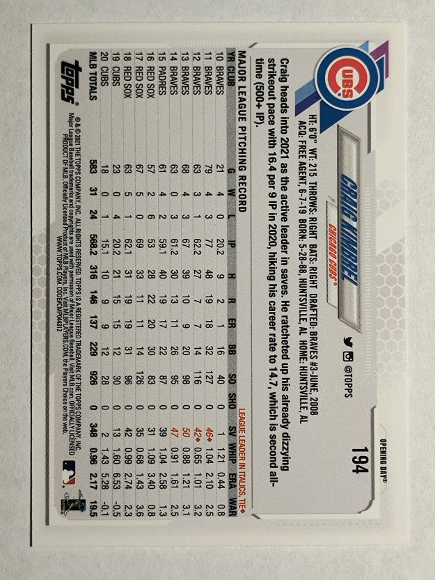 2021 Topps Opening Day #194 Craig Kimbrel