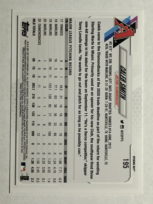 2021 Topps Opening Day #195 Caleb Smith