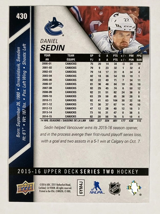 2015-16 Upper Deck #430 Daniel Sedin