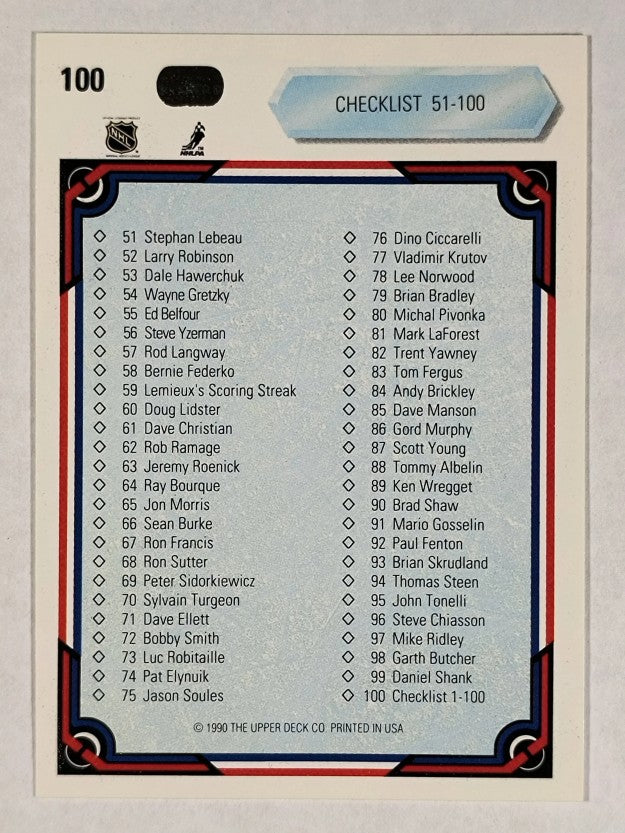 1990-91 Upper Deck #100 Checklist 1-100