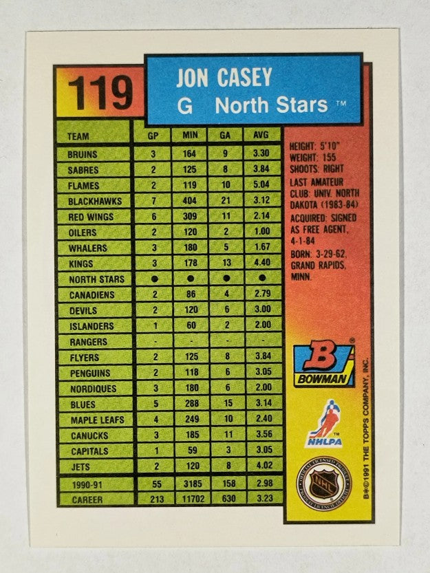 1991-92 Bowman #119 Jon Casey
