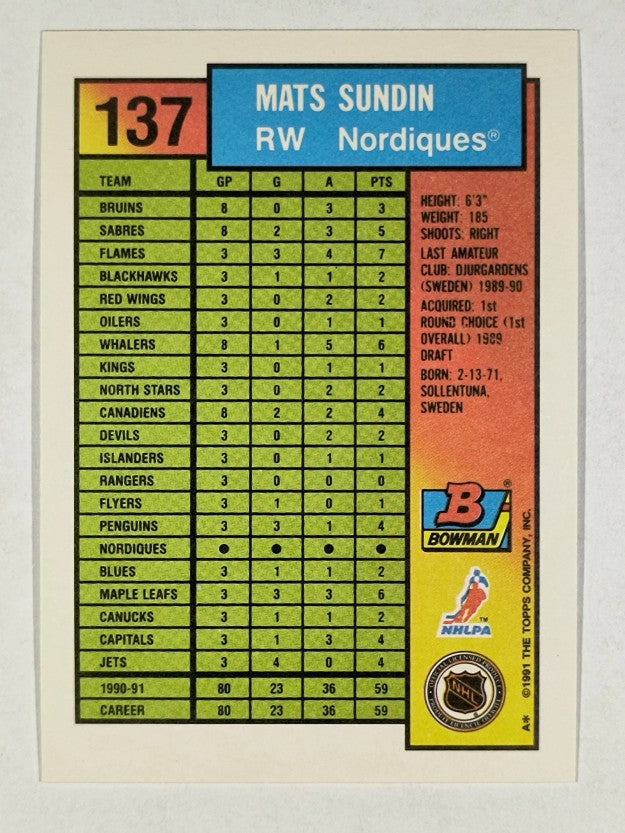 1991-92 Bowman #137 Mats Sundin