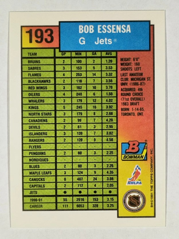 1991-92 Bowman #193 Bob Essensa