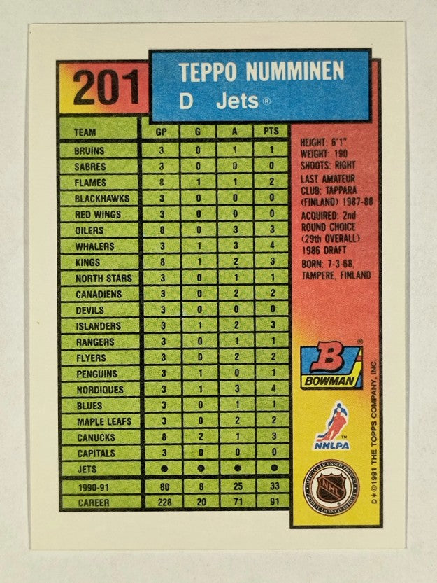 1991-92 Bowman #201 Teppo Numminen