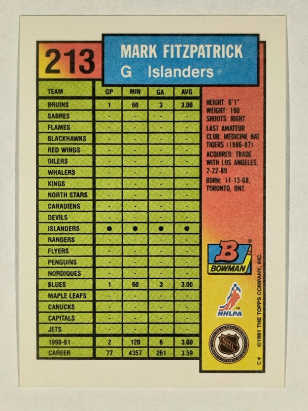 1991-92 Bowman #213 Mark Fitzpatrick