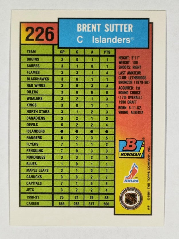 1991-92 Bowman #226 Brent Sutter