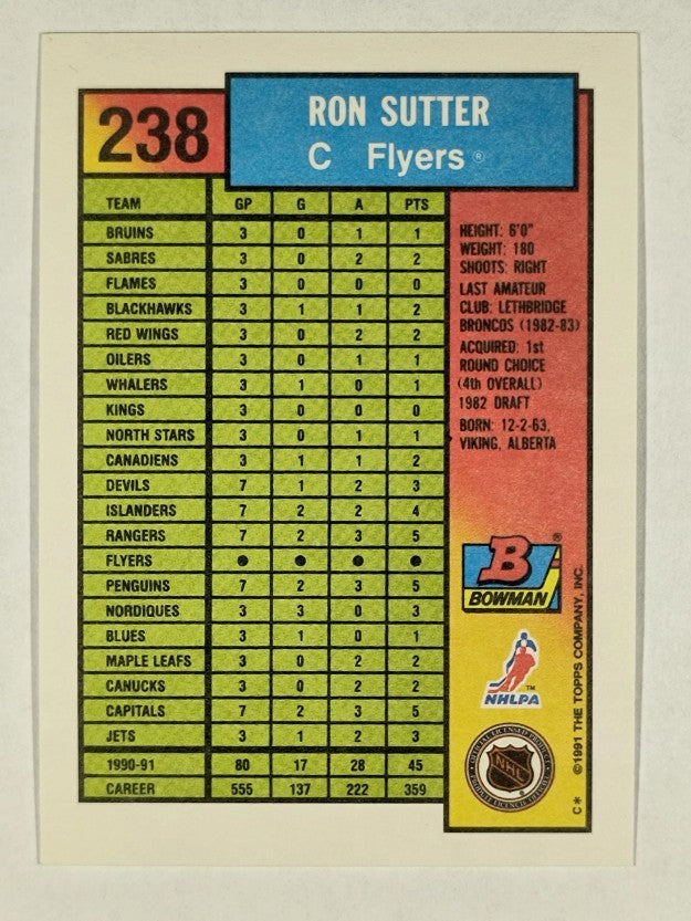 1991-92 Bowman #238 Ron Sutter