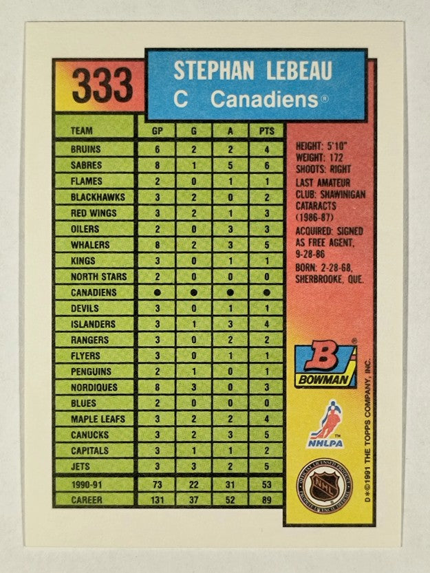 1991-92 Bowman #333 Stephan Lebeau