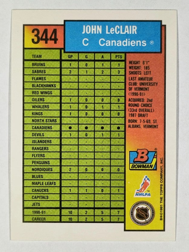 1991-92 Bowman #344 John LeClair RC