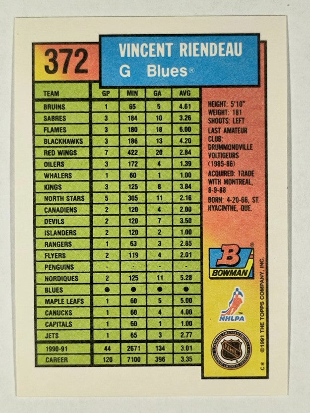 1991-92 Bowman #372 Vincent Riendeau