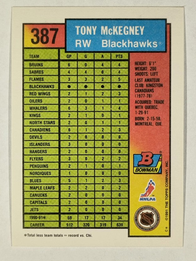 1991-92 Bowman #387 Tony McKegney