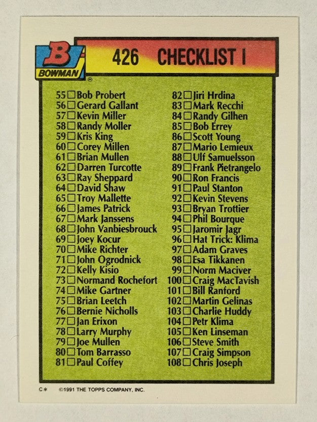 1991-92 Bowman #426 Checklist 1-108
