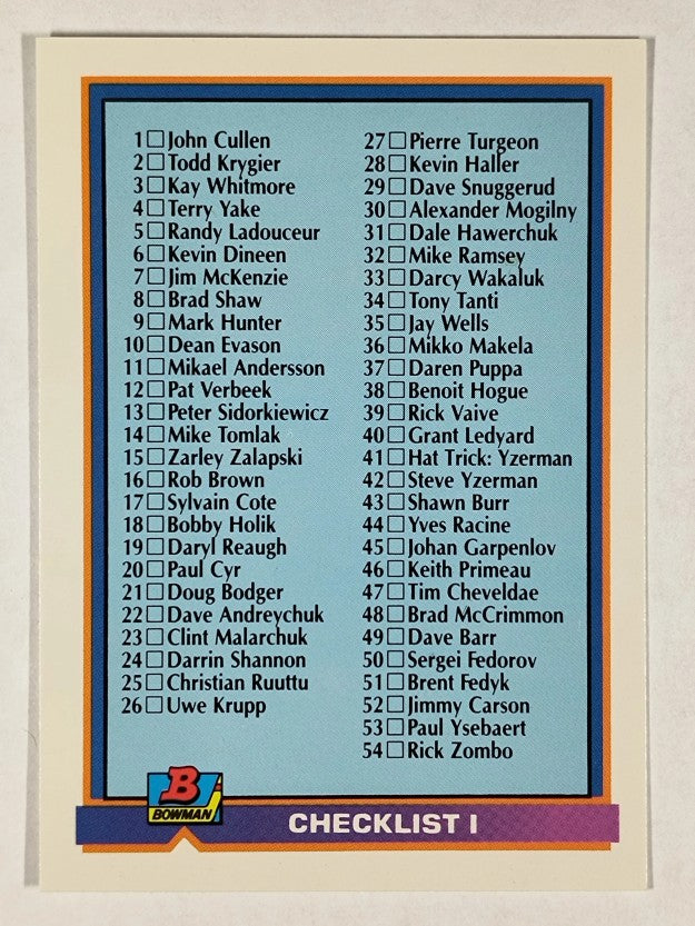 1991-92 Bowman #426 Checklist 1-108