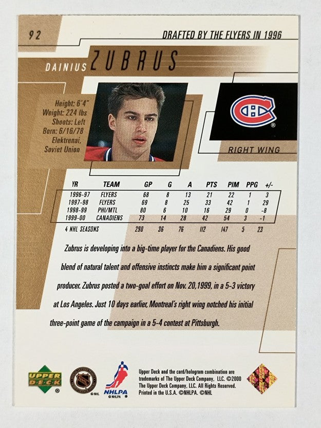 2000-01 Upper Deck #92 Dainius Zubrus