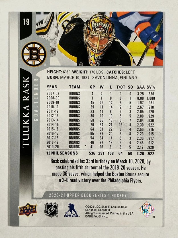 2020-21 Upper Deck #19 Tuukka Rask