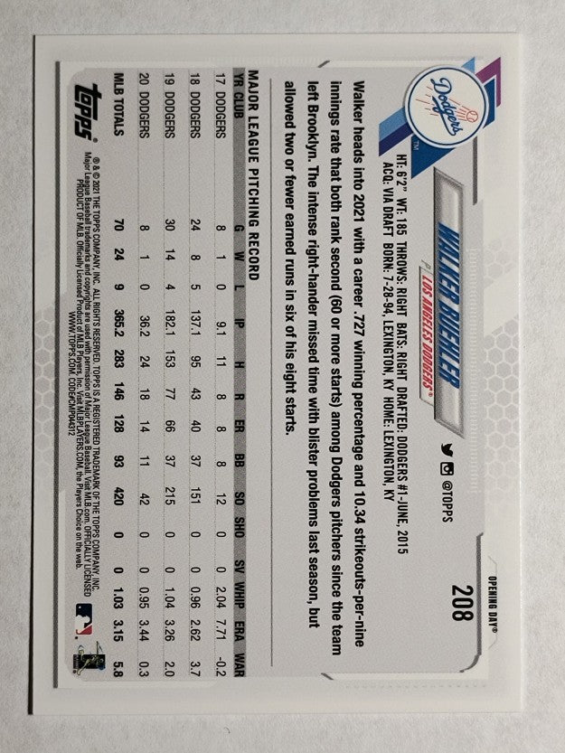 2021 Topps Opening Day #208 Walker Buehler