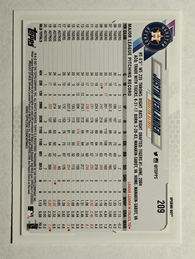 2021 Topps Opening Day #209 Justin Verlander