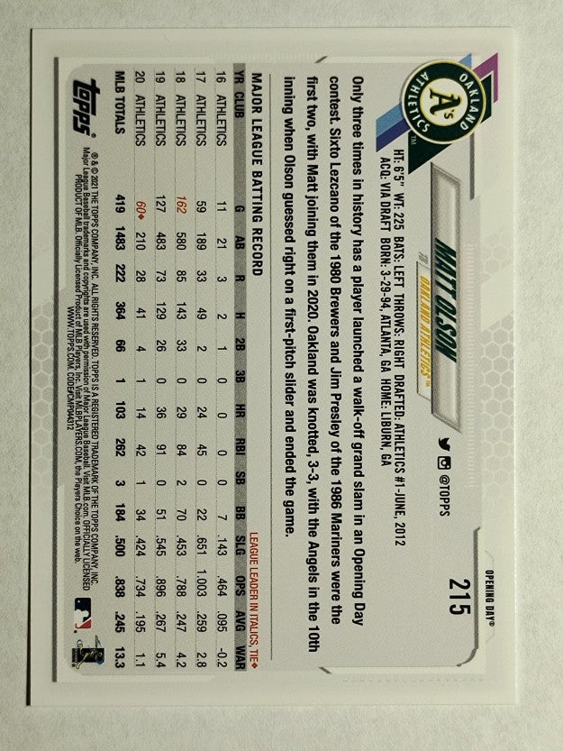 2021 Topps Opening Day #215 Matt Olson
