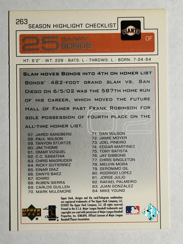 2003 Upper Deck #263 Barry Bonds SH CL