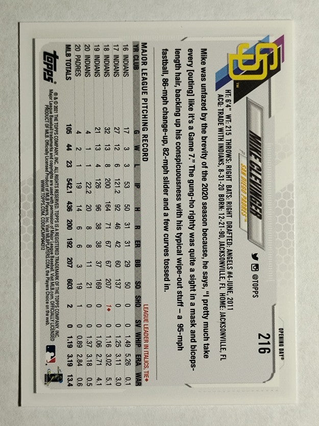 2021 Topps Opening Day #216 Mike Clevinger