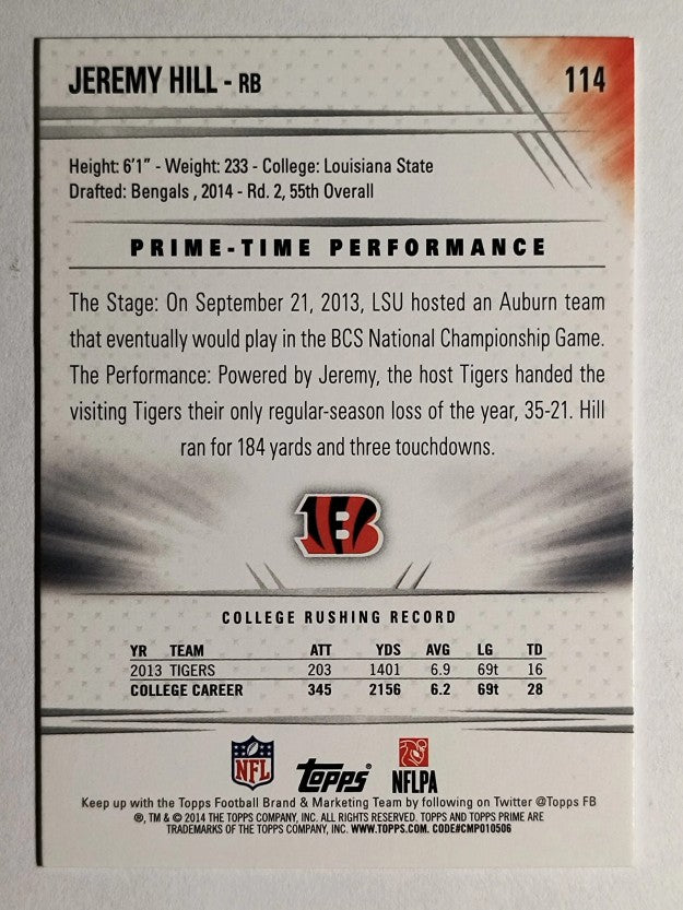 2014 Topps Prime #114A Jeremy Hill RC/catching the ball