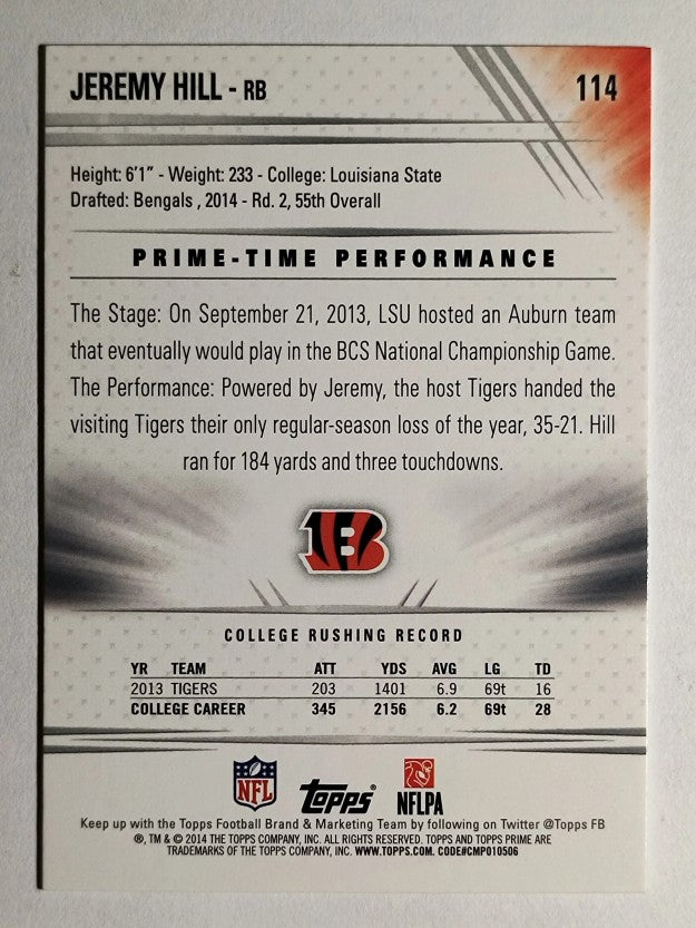 2014 Topps Prime #114A Jeremy Hill RC/catching the ball