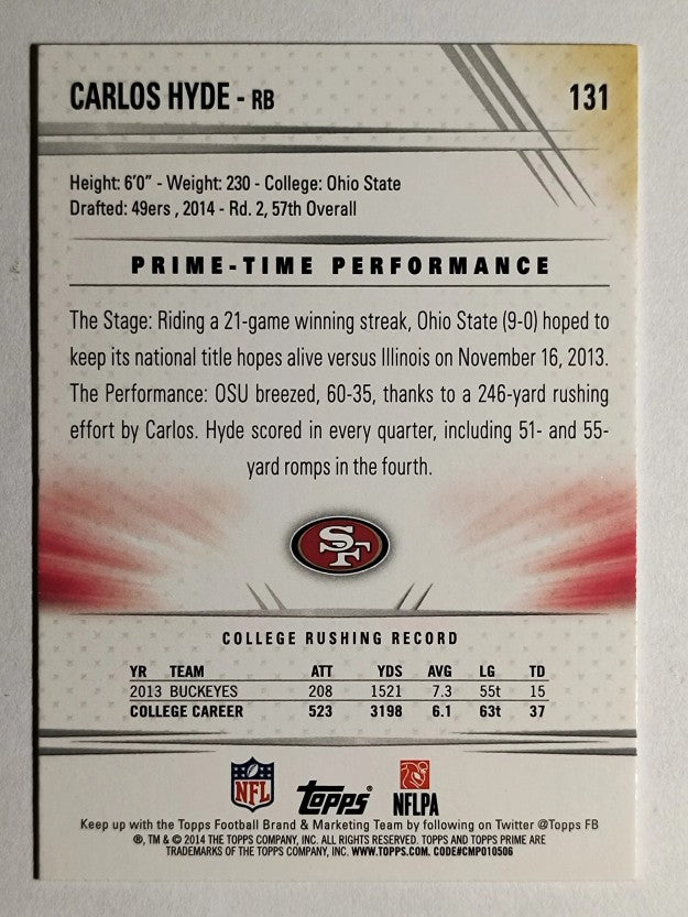 2014 Topps Prime #131A Carlos Hyde RC/hands down by knees