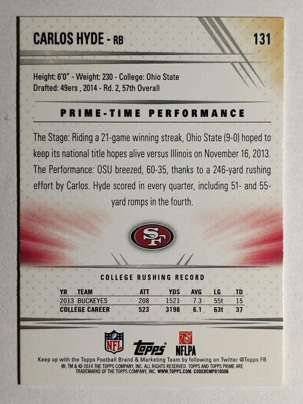 2014 Topps Prime #131A Carlos Hyde RC/hands down by knees