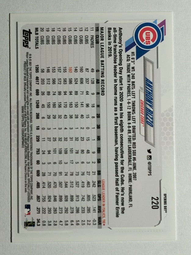 2021 Topps Opening Day #220 Anthony Rizzo
