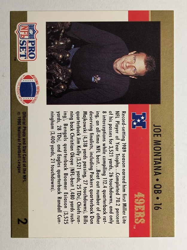 1990 Pro Set #2A Joe Montana ERR/Jim Kelly's stats in text