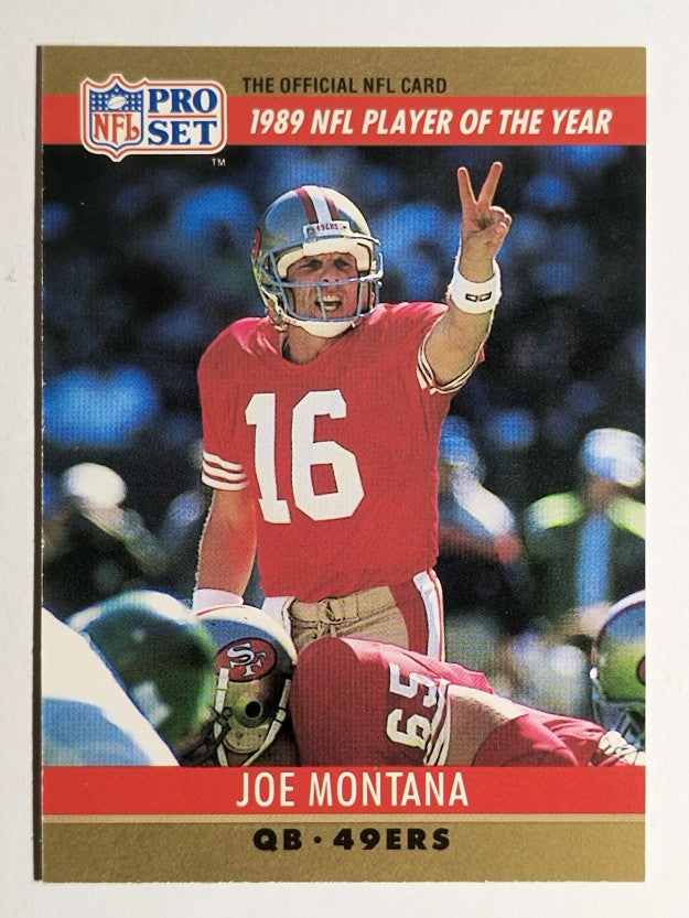 1990 Pro Set #2A Joe Montana ERR/Jim Kelly's stats in text