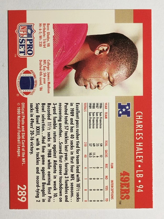 1990 Pro Set #289A Charles Haley ERR/Fumble recoveries 1 in 1986