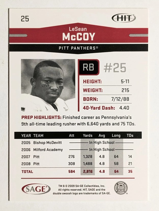 2009 SAGE HIT #25A LeSean McCoy blu jsy