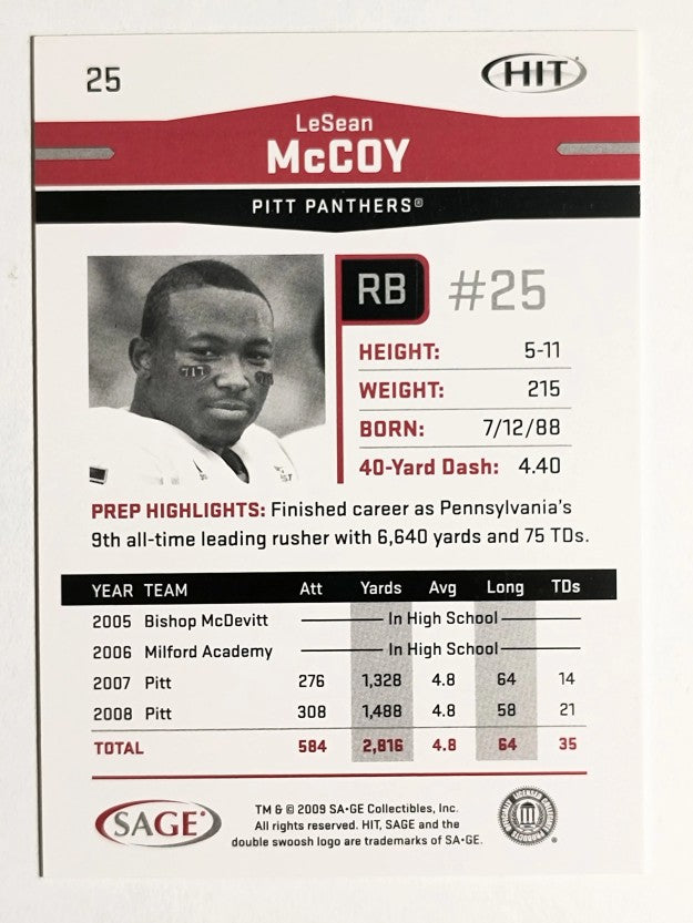 2009 SAGE HIT #25B LeSean McCoy white jsy