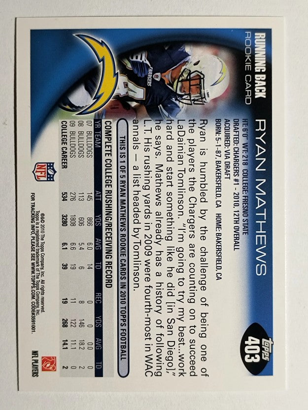2010 Topps #403A Ryan Mathews RC/Running pose twisting
