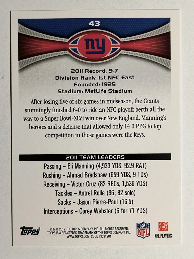 2012 Topps #43 New York Giants/Eli Manning