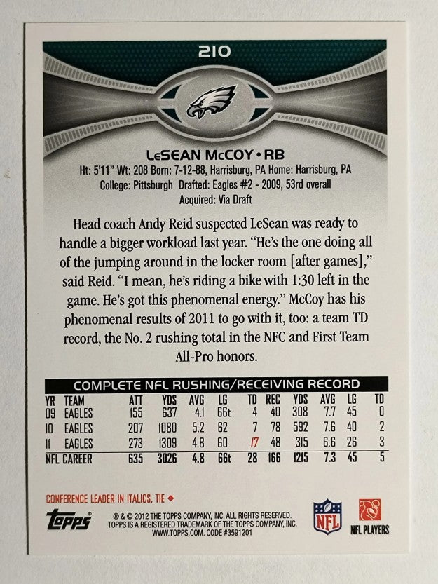 2012 Topps #210A LeSean McCoy/ball tucked in