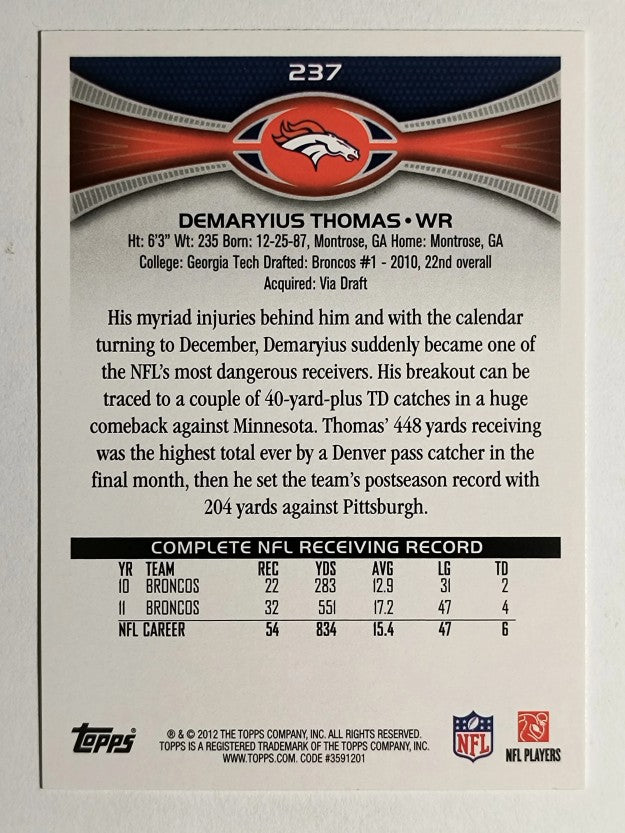 2012 Topps #237A Demaryius Thomas/running