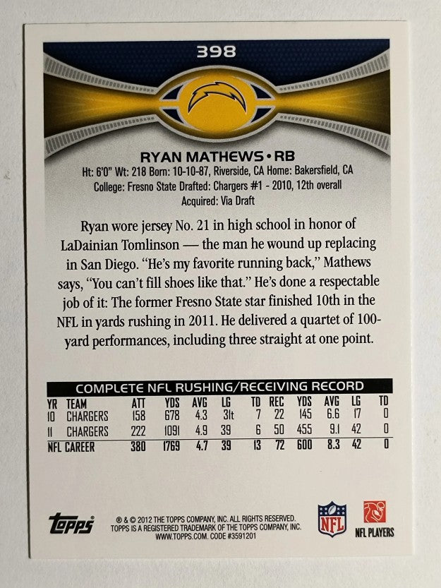 2012 Topps #398 Ryan Mathews