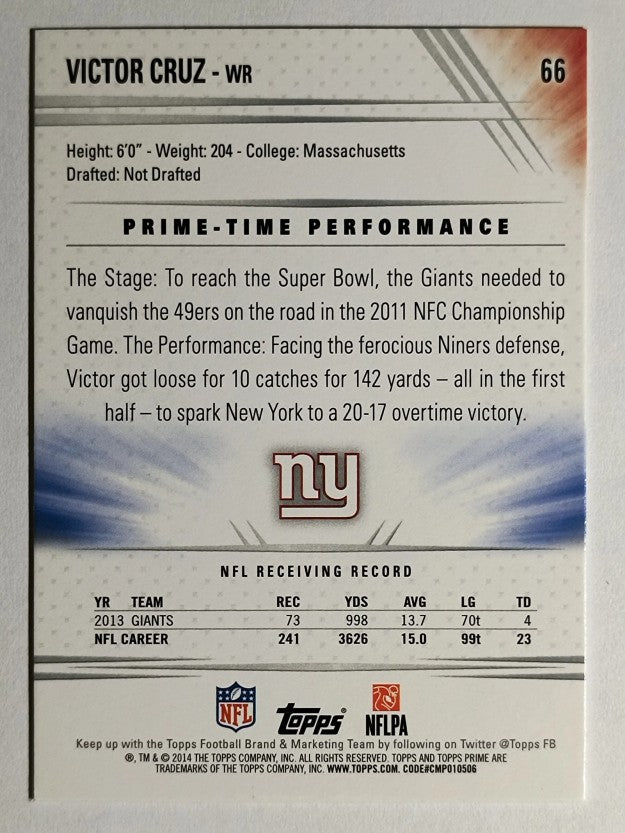 2014 Topps Prime #66A Victor Cruz/over head catch